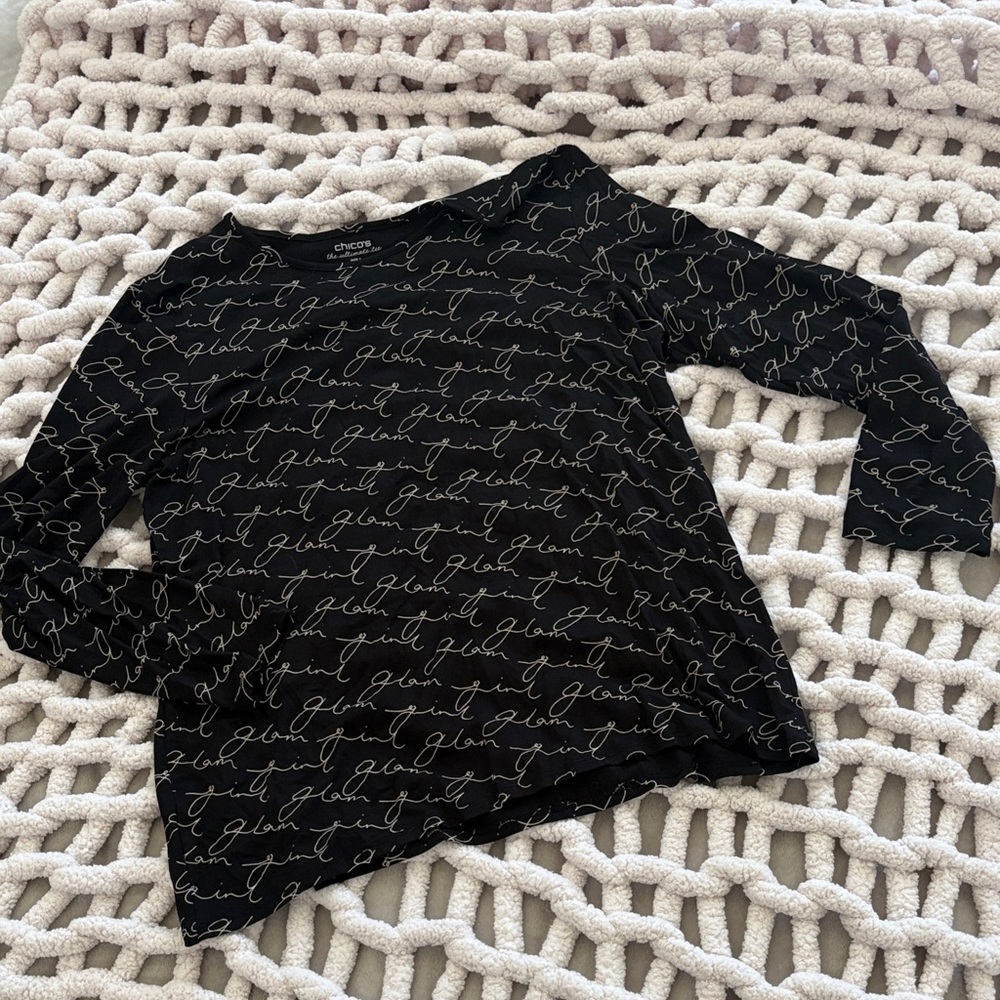 Chico's Elegant Black Script ‘Glam’ long sleeve - large